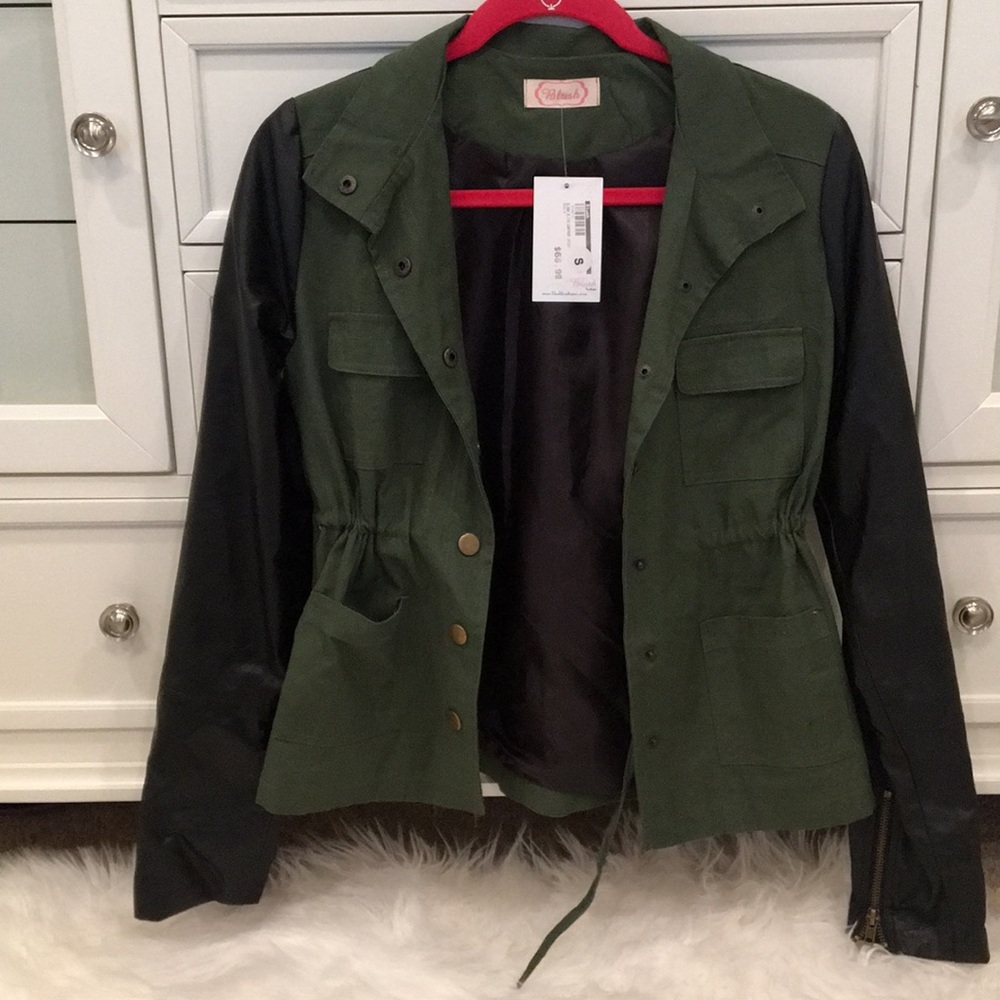 Green jacket with faux leather sleeves